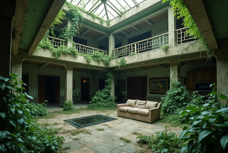 High resolution, masterpiece, better quality, beautiful interior of a modern mansion, with living room, with kitchen, (Inner part), totally destroyed, old, and full of vegetation 