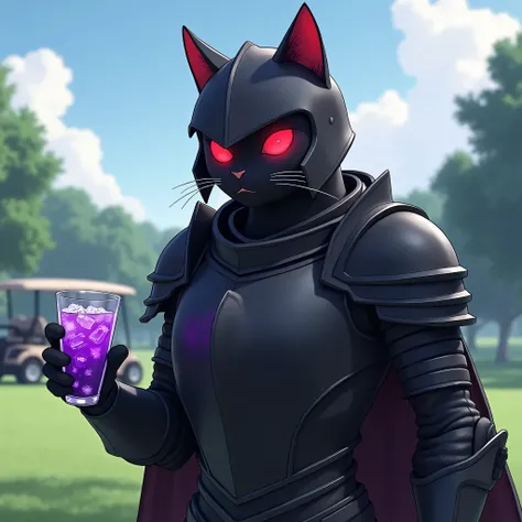 anime 3d style, male black tall cat in black knight armor and helmet, he&#39;s standing , with red eyes pathetically, he has no pupils, only red color, He has a glass with a purple drink and ice in his paw. golf course with golf cart in the background. in ...