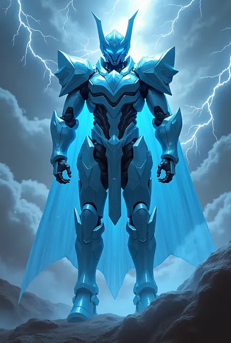 Light blue armor in the style of Thor, a mecha that can control lightning,