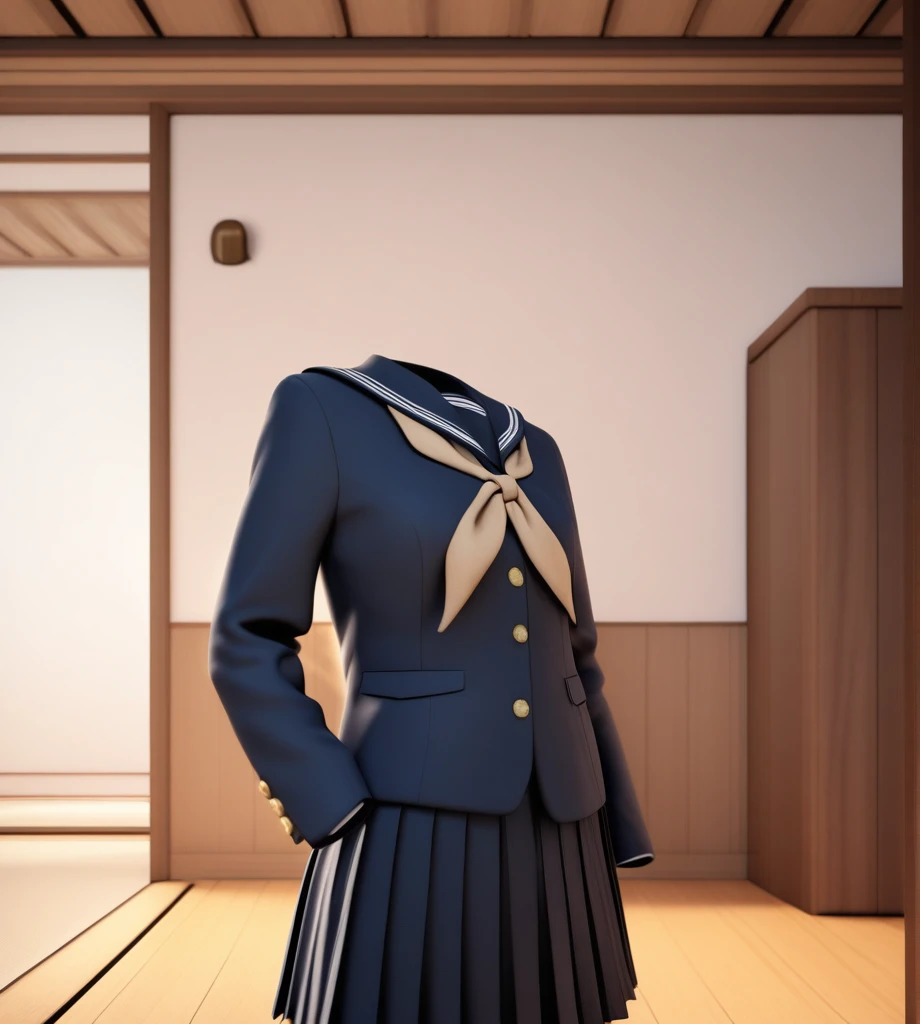 A detailed 3D rendering of a traditional Japanese school uniform (seifuku) floating without a body. The outfit includes a navy blue pleated skirt and a matching blazer with a sailor collar, accented by a beige scarf tied at the chest. The scene is set in a...