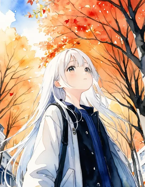 1 girl、((Upper Body:1.5)))、Standing、front、Looking up at a tree、From below、Straight long hair、White Hair、watercolor、autumn、Tree-lined street、autumn leaves、White jacket、Black chool building、playground