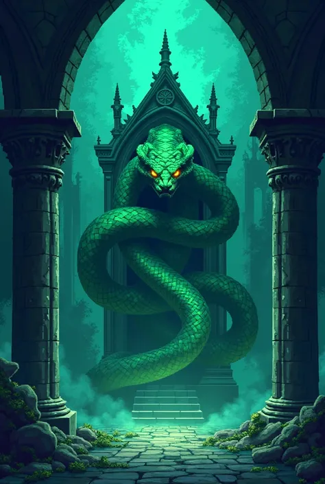 16-bit pixel icon,giant green snake,coiled snake,mystical tabernacle,magic mist,emerald scales,fierce yellow eyes,ancient power,medieval architecture,dark stone columns,Gothic arches,pale blue mist,magical mysterious atmosphere,16-bit pixel art,greens blue...