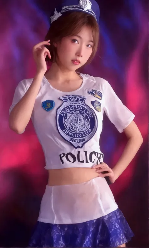 cute yuna (age 25, sexy outfit with miniskirt, PSI police emblem) she is touching her head withher hand and has a surprised expression, she has a corona of swirling psychic energy, Bangkok
