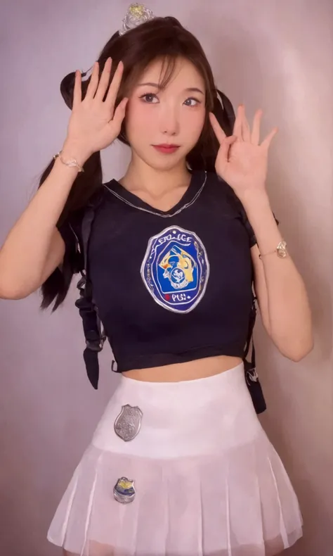 cute yuna (age 25, sexy outfit with miniskirt, PSI police emblem) she is touching her head withher hand and has a surprised expression, she has a corona of swirling psychic energy, Bangkok
