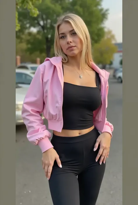 a young woman in a pink jacket and black pants, wearing a sexy crop top, Wearing a pink sweatshirt, tight clothing, wearing simple, tight-fitting clothes, shirt cropped with jacket, her belly button is exposed, using a pastel pink hood, thin, wearing a cut...