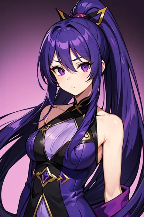 bluish purple hair, absurdly long hair, hairs between eyes, high ponytail, purple eyes, purple suit, anime colored,