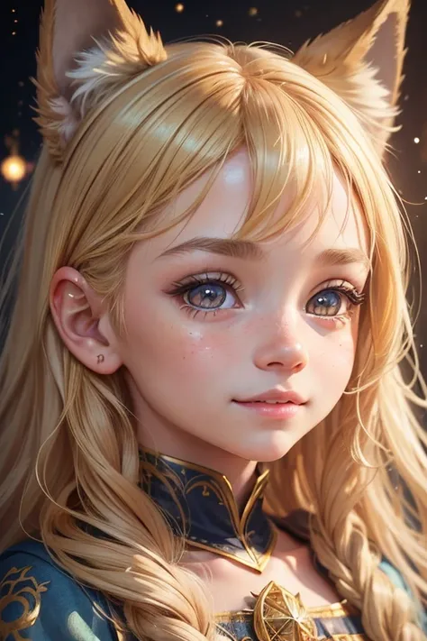 a small young girl with cheerful expression, blonde hair, amber-brown eyes, wolf ears, surrounding cosmic energy, highly detailed face, detailed portrait, beautiful detailed eyes, beautiful detailed lips, extremely detailed eyes and face, long eyelashes, p...