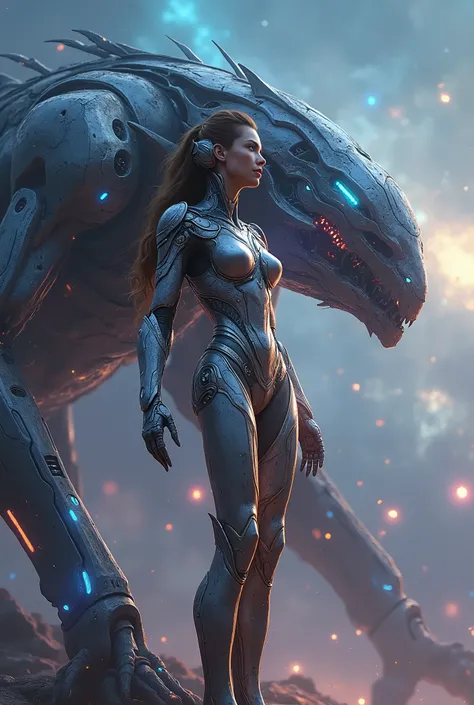 stunning armoroid lady riding on space android beast, intricate details, vibrant colors, highly detailed, 8k, photorealistic, cinematic lighting, epic fantasy, sci-fi, digital painting, cinematic composition, mesmerizing, dramatic shadows, glowing energy, ...