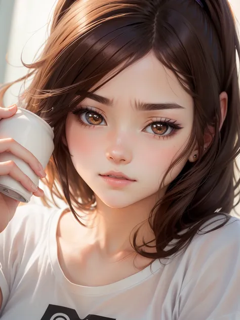 Anime girl with brown hair and white shirt is frowning, Cute realistic portrait, Cute natural anime face, Gwaiz, Cute Anime Girl, Beautiful anime faces, Cute anime face, artwork in the style of Gwaiz, Stunning Anime Face Portraits, extremely Cute Anime Gir...