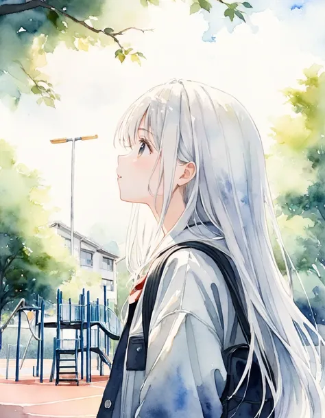 1 girl、((Upper Body:1.5)))、Standing、front、Looking up at a tree、From the side、Straight long hair、White Hair、watercolor、White jacket、Black chool building、playground