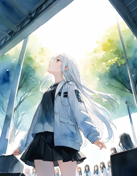 1 girl、((Upper Body:1.5)))、Standing、front、Looking up at a tree、frontから、Straight long hair、White Hair、watercolor、White jacket、Black mini skirt、Inside the school building、stage