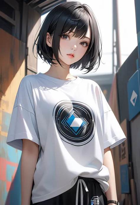 Black Hair、Boyish short cut。One woman。Focus on the face。Realistic。Baggy T-shirt。T-shirt with geometric logo。