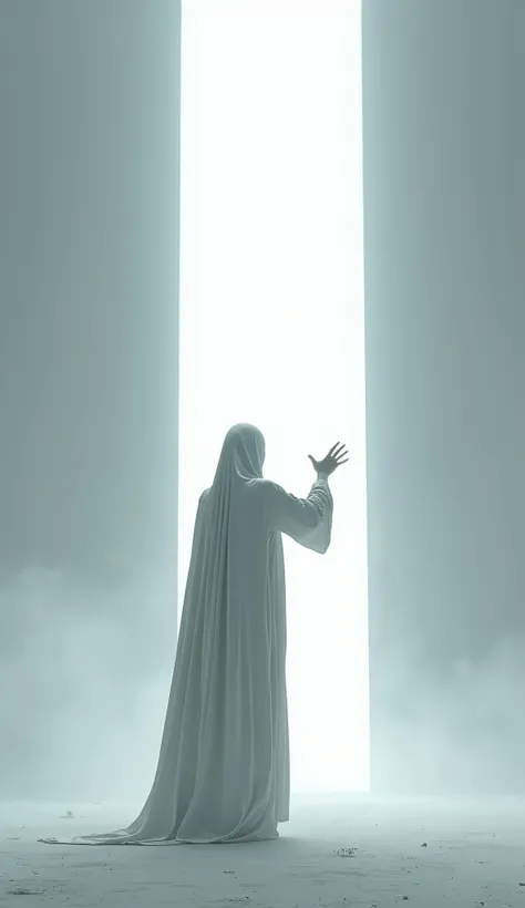 Futuristic and minimalist hermit, full body covering tunic, reaching out to hold a blinding cold white light