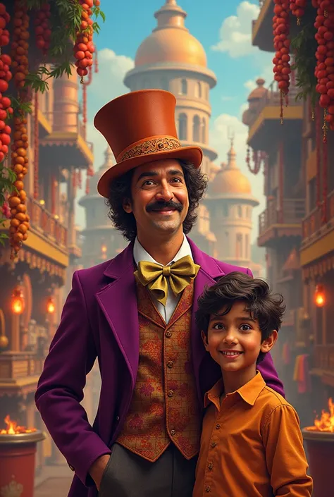 Create a movie poster in the style of willy wonka but its an Indian man as wonka and a poor boy as Charlie but the film is called "Ranjeet and the tandoori chicken factory"