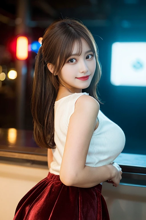 1 girl in nightclub, (8k), (Photorealsitic:1.5), Raw photography, (Top image quality:1.4), (sharp focus:1.5),  (PurerosFace_v1:0.5), top-quality, ​masterpiece, high resolution, Soft lighting, slender, pretty woman:1.4, (natural smile), happy expression, in...