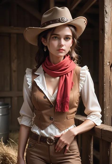 portrait of beautiful women on a dirty farm:1.2 , cowboy hat, fringed vest , trousers, scarf , confidence , medium breasts,