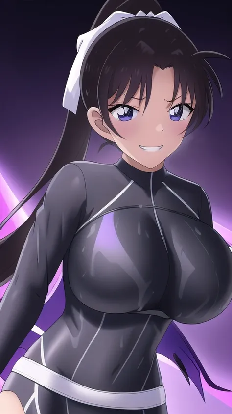  Erotic、Long ponytail volume、Ribbon hair tie、Big Breasts, Alone,teacher、 White wetsuit　Rash guard, Purple evil background、 Best Quality, Detailed face, Detailed eyes, High resolution,、Evil female executive、Evil grin、Sexy pose、Fallen into evil、Fall into Dar...