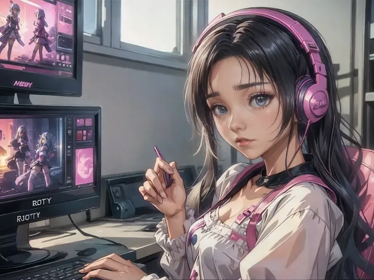 High resolution,High Definition,high quality,Girls playing games,Gaming Computer,Erogeo art style, Roffey Art, zero vibrations, Hip Hop Lofi,Midea, Lo-fi art, Lo-fi illustration style, zero, Portrait of Roffey, vibe zero, zero, Chill Hop, Anime aesthetics,...