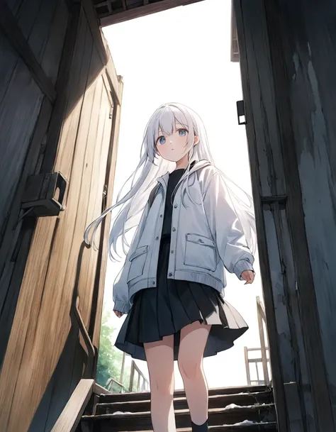 1 girl、(Big close-up of face:1.5)))、Standing、front、From below、Straight long hair、White Hair、watercolor、White jacket、Black mini skirt、Inside an abandoned wooden school building、Going up the stairs