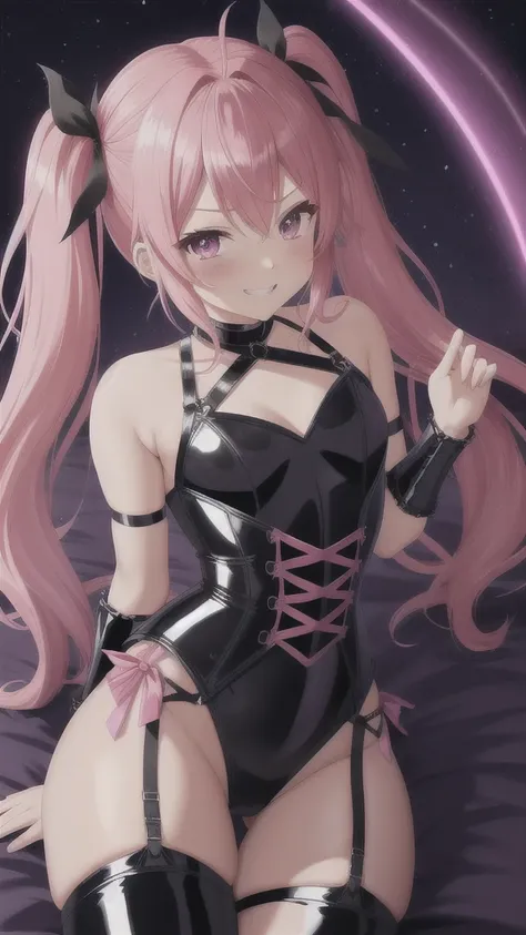  Erotic、Shihodo Narika、Pink Hair、Twin tails、Sleeveless、Shoulder、Super Subaru Flash Ninja Haruka, Small breasts、Blue Archive、Sexy shiny latex corset、Bondage、Garter belt、Ami Tights、Pink Line、Evil Warrior、sexy、Evil grin、tall、adult、lure、Alluring、Pitch black ba...