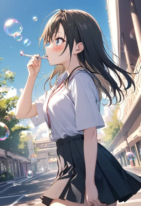 1girl,sincos, ningen mame, toosaka asagi,solo,medium breasts,20yo,school,pleated skirt, shirt and tie, tiniy motifs necklace, blowing bubbles, bubble, bubble blowing, bubble pipe, outdoors, day, sky,from side, looking up, long brunette hair, black eyes,doy...