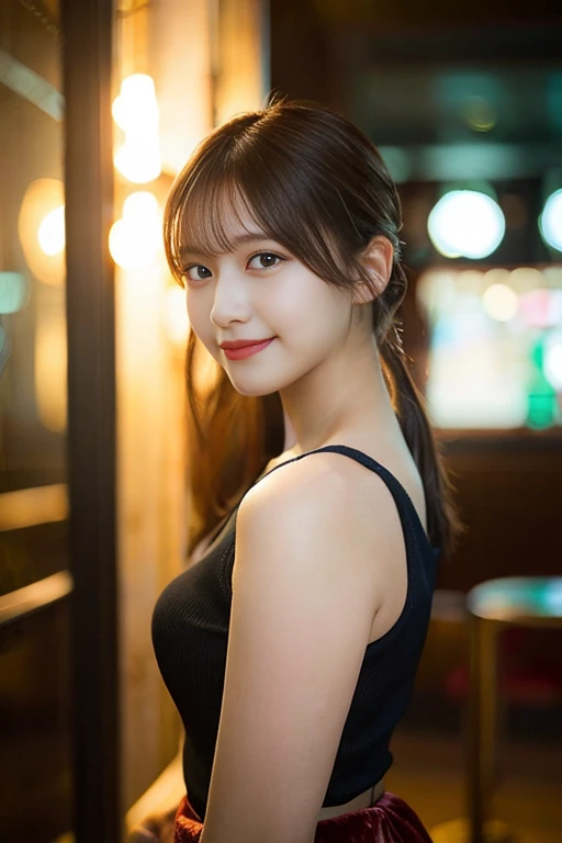 1 girl in nightclub, (8k), (Photorealsitic:1.5), Raw photography, (Top image quality:1.4), (sharp focus:1.5),  (PurerosFace_v1:0.5), top-quality, ​masterpiece, high resolution, Soft lighting, slender, pretty woman:1.4, (natural smile), in the nightclub, St...