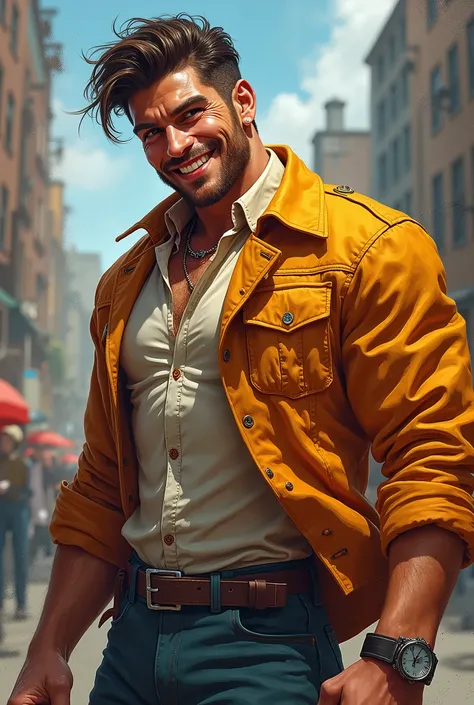 retrato de (cara, cara) de bom humor, lutadora de rua, attraCtive male, CharaCter design, dynamiC lighting, Cool and bright tint, pintura de gaston bussiere, Craig mullins, J.. C. leyendeCker, tom da finlândia