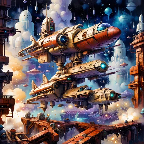 2d game scene, oil and watercolor painting, spaceship made of bricks, star dust, steam, bokeh, (masterpiece:1.2), best quality