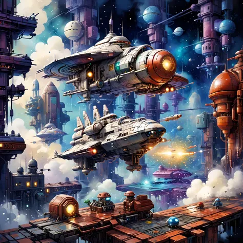 2d game scene, oil and watercolor painting, spaceship made of bricks, star dust, steam, bokeh, (masterpiece:1.2), best quality