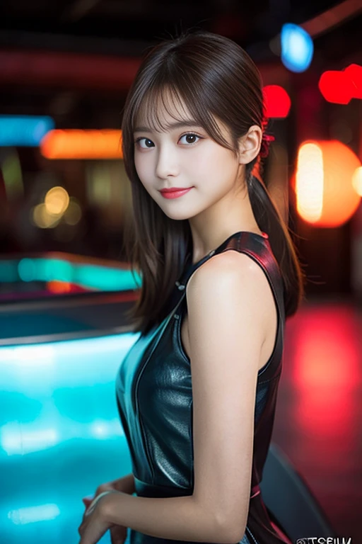 1 girl in nightclub, (8k), (Photorealsitic:1.5), Raw photography, (Top image quality:1.4), (sharp focus:1.5),  (PurerosFace_v1:0.5), top-quality, ​masterpiece, high resolution, Soft lighting, slender, pretty woman:1.4, (natural smile), in the nightclub, St...