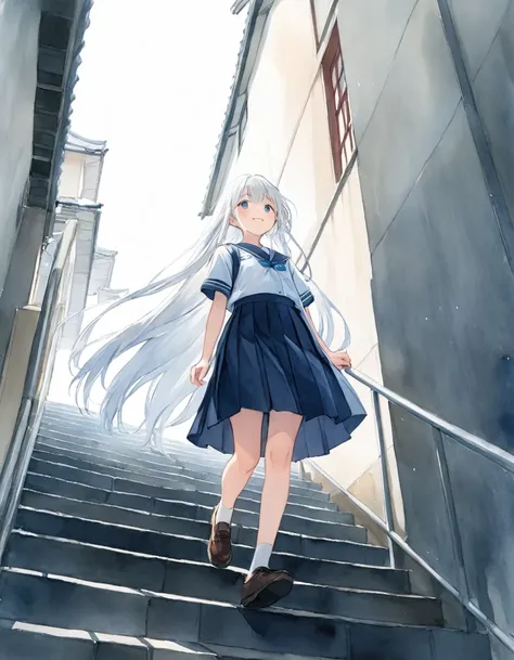 1 girl、(((Big close up of face:1.5)))、Cute Smile、front、From below、Straight long hair、White Hair、watercolor、Casual wear、Japanese high school student uniform、Inside the school building、Go down the stairs