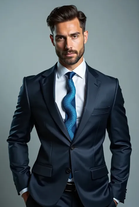 Man wearing a blue snake-shaped tie