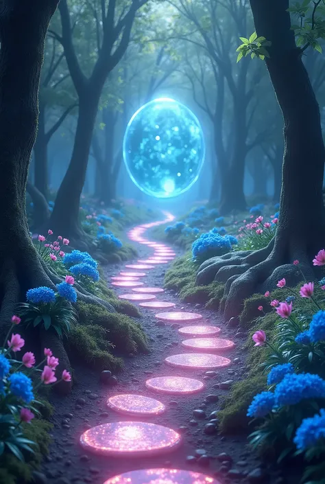 A path of shining stones in a forest the flowers shine in blue and pink colors. And there&#39;s a mirror portal floating around showing a beautiful new world inside the mirror. 