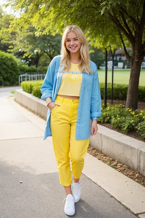 A cute, 1 girl with blonde hair, wearing a blue shirt and yellow pants, white sneakers, and a warm smile. She stands confidently, almost resembling a girlfriend-like figure, with a casual and cheerful vibe, her style is youthful and fun.
And she is beautif...