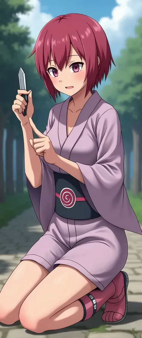 Uma Ninja of Konohagakure ,anime "Naruto".(Short red hair shaved on the side,Lilac eyes ,Light brown skin,short lilac kimono,on the kimono belt there is a symbol of the Uzumaki family,the bandana is on the left leg,,Light pink boots,).the ninja is making a...