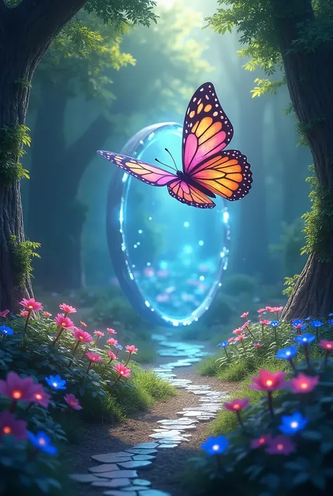 A path of shining stones in a forest the flowers shine in blue and pink colors. And there&#39;s a mirror portal floating around showing a beautiful new world inside the mirror..and a big magical pink and yellow butterfly is flying towards the mirror 