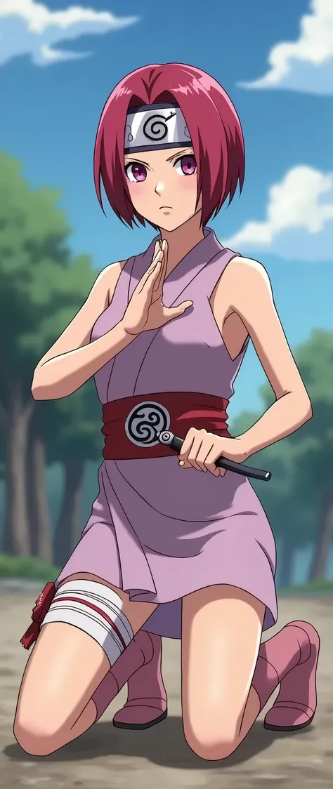 Uma Ninja of Konohagakure ,anime "Naruto".(Short red hair shaved on the side,Lilac eyes ,Light brown skin,short lilac kimono,on the kimono belt there is a symbol of the Uzumaki family,the bandana is on the left leg,,Light pink boots,).the ninja is making a...