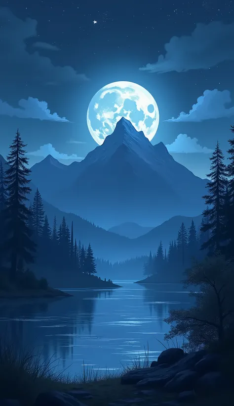 A vast landscape illuminated by the soft glow of the full moon, that hangs high in the sky, surrounded by twinkling stars. over the horizon, dark mountains rise against the deep, starry sky. A calm lake reflects the moonlight like a mirror, as the shadows ...