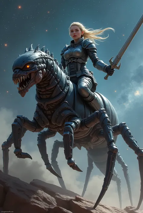 armoroid lady Equipped with sword and shield is riding on a space spider mixed scorpion