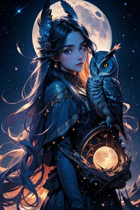 a beautiful girl with striking facial features, blue eyes, long hair, an owl perched on her shoulder, a stunning starry night sky, a full moon, and a visible galaxy