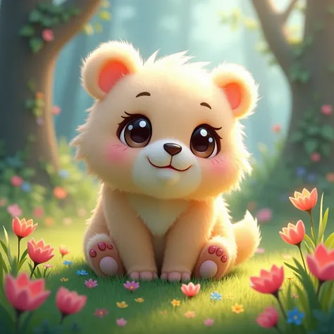 A fluffy bear depicted as an adorable and cute creature. Its fur is soft and fluffy, with a gentle sheen that enhances its cuteness. Its eyes are large and expressive, conveying sweetness and charm. The setting is a magical forest landscape, filled with co...