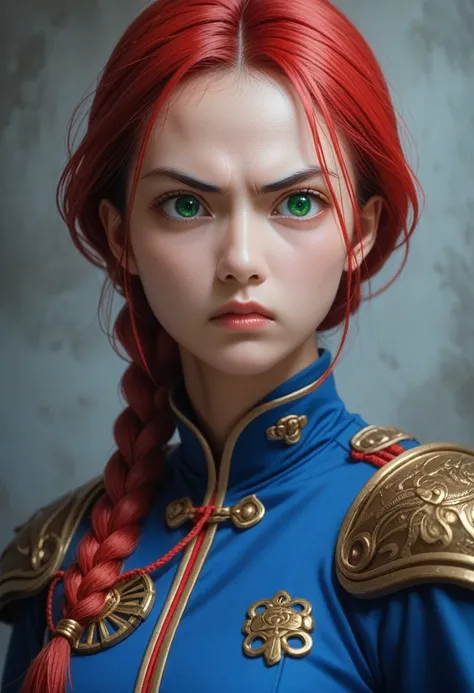 anime, hda, a close up of a woman with ((red braided low ponytail hair)) and (((the most beautiful green eyes))) in (((blue outfit))), (((determined)), 8k, Unreal Engine 5, octane render, by kyun, gamang, Yoon Gon-Ji, g.ho, gosonjak, shuroop, serious, domi...