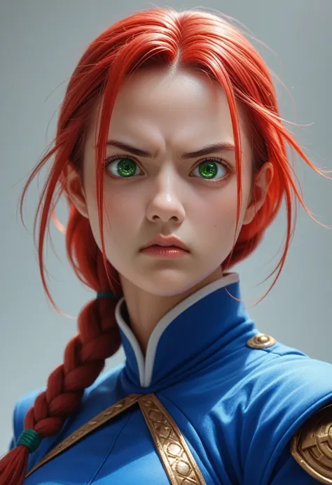 anime, hda, a close up of a woman with ((red braided low ponytail hair)) and (((the most beautiful green eyes))) in (((blue outfit))), (((determined)), 8k, Unreal Engine 5, octane render, by kyun, gamang, Yoon Gon-Ji, g.ho, gosonjak, shuroop, serious, domi...