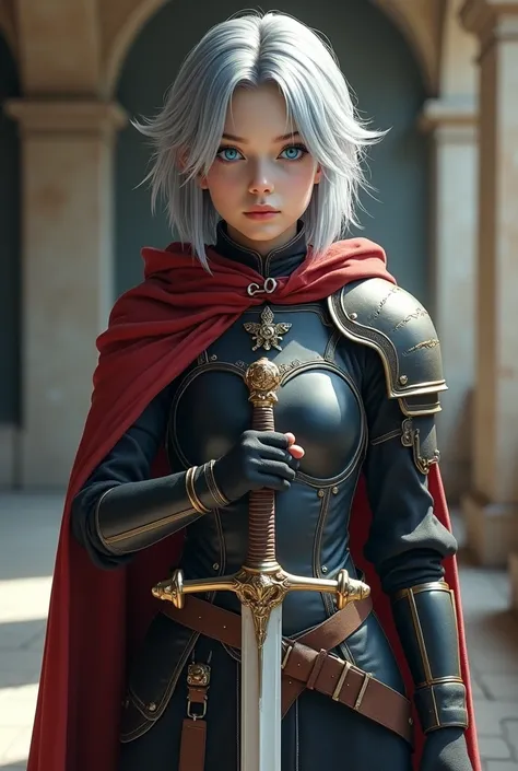 game「Final Fantasy」Theme. Image of a grey-haired girl standing with her favorite sword on hand, blue safur eyes,Wearing black , white and gold light high comander armor with red hood, pastel colour, Dramatic Tone. Facing front to audience. Full posture pot...