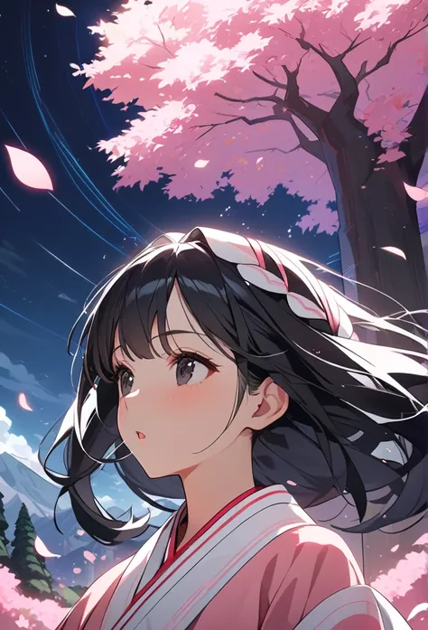 Anime Style, High resolution, (Best Quality, masterpiece),(One girl, Shrine maiden, Coat, expression, Black Eyes, Look ahead ,Black Hair, walk, Upper Body), (Night maze sky, Behind a big old tree, Shiny pink petals fall behind, The shrine behind, Mountain ...