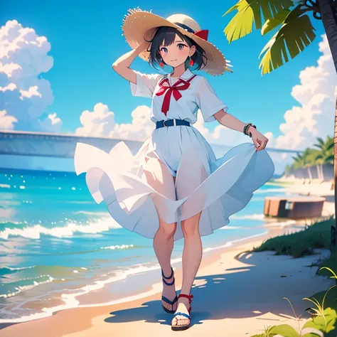 pretty girl,Painted in pastel colors, Summer clothes around her, Dancing in the Wind, High quality drawings,White dress,Belted,Straw hat,Red ribbon,Sandals,ストラップ付きSandals,Earrings,紫の宝石のEarrings,beach,holding a hat,左手でholding a hat,A strong wind is blowing,