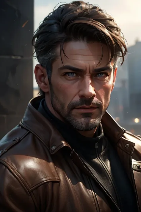 muscular man, beautiful facial features, masculine face, grey eyes, brown leather jacket, sandy brown hair, short hairstyle, eight-panel cap, (best quality,4k,8k,highres,masterpiece:1.2),ultra-detailed,(realistic,photorealistic,photo-realistic:1.37),highly...