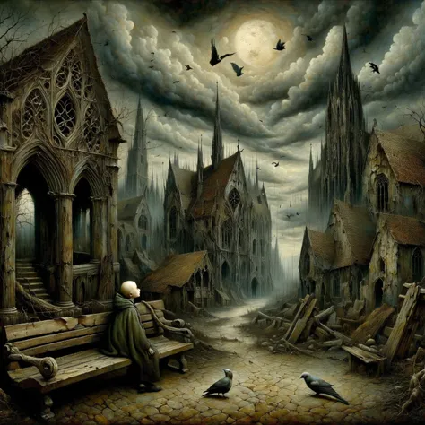 Patchwork by Джексон Поллок, Hieronymus Bosch, Benjamin Lacombe, oil painting depicts: in the foreground a bald boy sitting on a bench with a stick, who seems to be observing the world around him. Around him are dilapidated wooden chapels and houses that g...