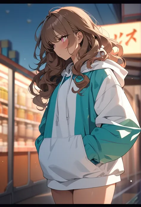 One girl, Alone, Anime Style, masterpiece, Cowboy Shot, Oversized hoodie Aqua green and white hoodie, Half light blue, ((Brown Hair)),  Curly hair((Pink Eyes)), Super detailedな目, Sunburn, (Caramel-colored dark skin:1.1), Best Quality, Super detailed, 