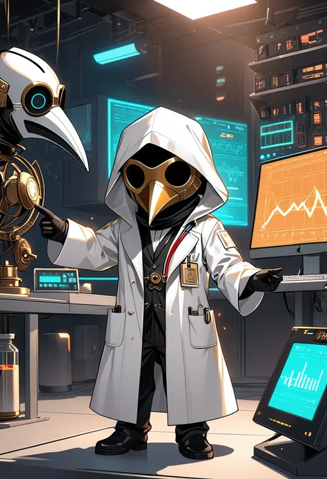 (masterpiece, best quality:1.1), (ultra highres, ultra-detailed:1.2),(flatcolor),chibi-boy,dancing in lab,(male Mad-doctor,short hight),((wearing plague-doctor costume,plague-doctor beak-mask)),eyes glow gold,white hood and lab-coat, mecha arm,(in futurist...